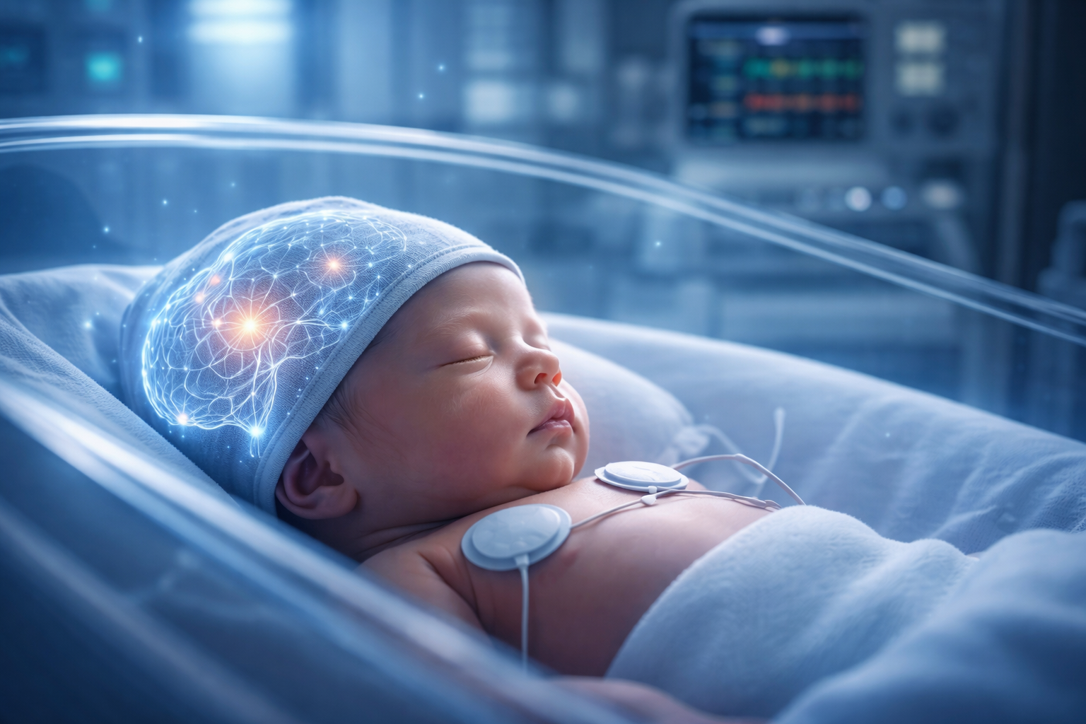 Newborn baby in medical incubator with neural network brain monitoring visualization showing glowing brain connections and blue medical environment